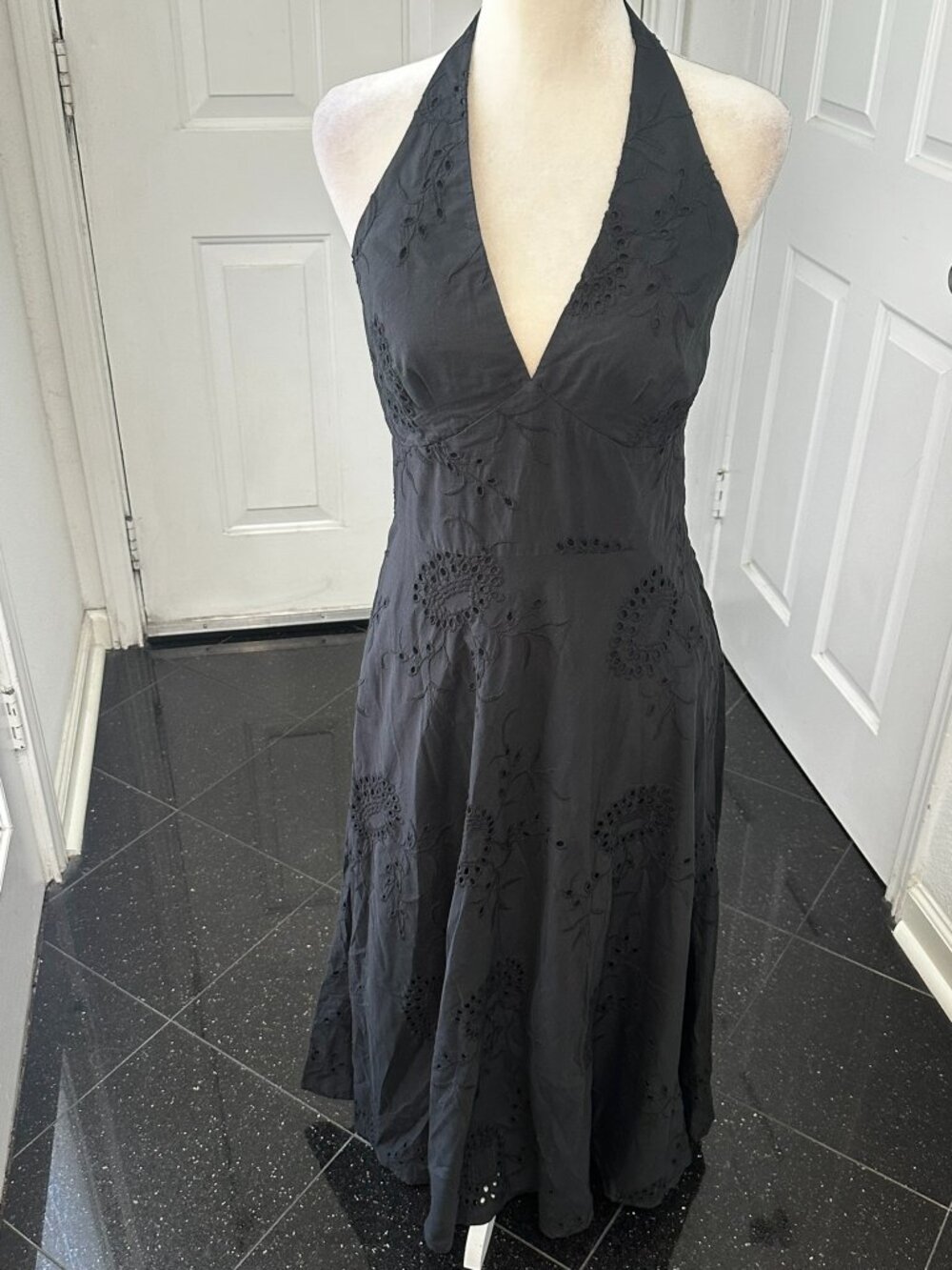 Bandolino Black Eyelet Halter Midi Dress Size 8 Full Skirt Summer Cocktail